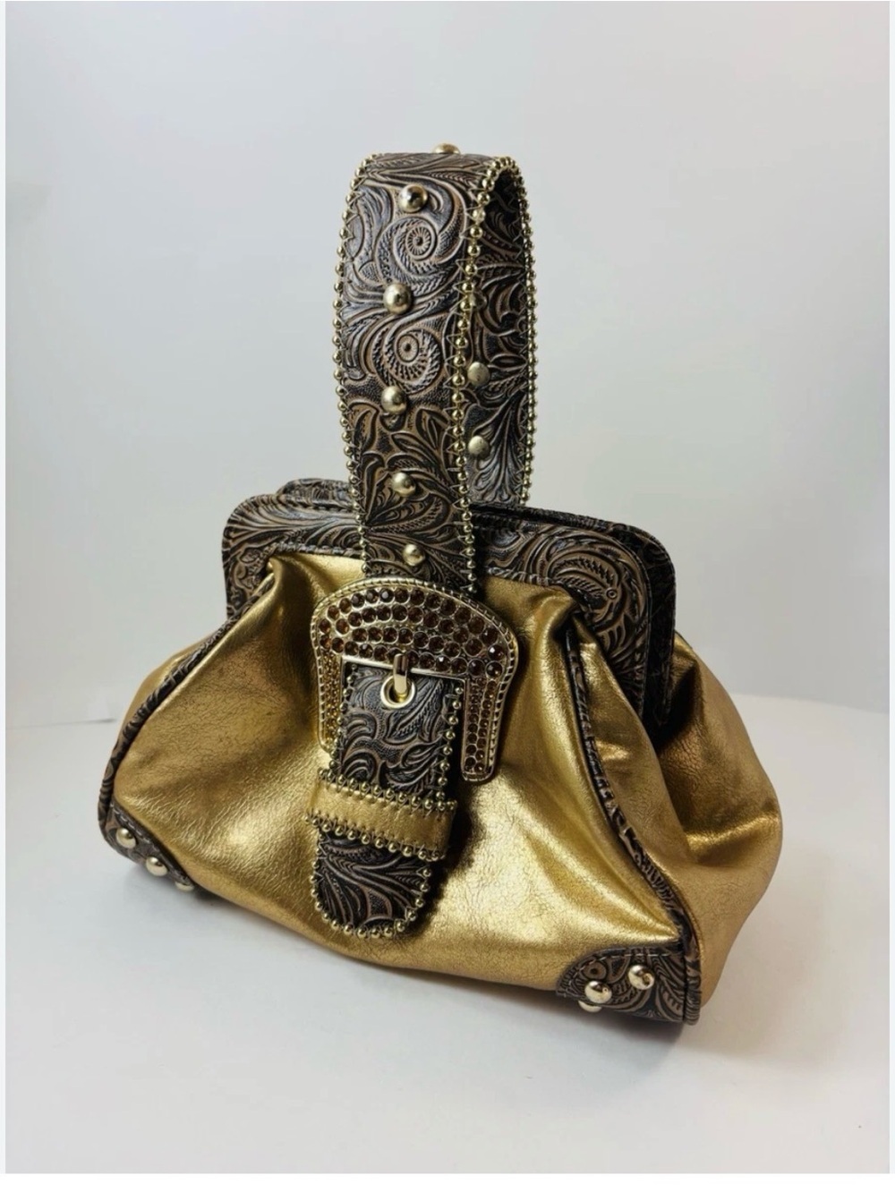 Kathy Van Zeeland Amber Rhinestone Gold Rare Handbag Y2K Bling Bridal Buckle